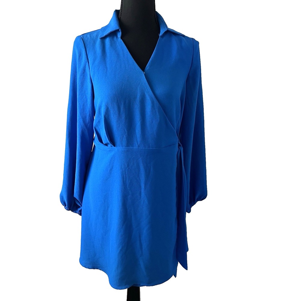 Halogen Wrap Mini Dress XXS | Cobalt Blue Surplice‎ V-Neck Long Sleeve Preppy